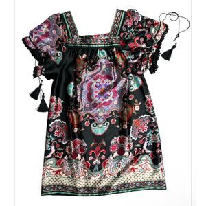 Pura Vida Black Boho Floral Short Dress Short Sleeves Tassel Ties Women's Size 4